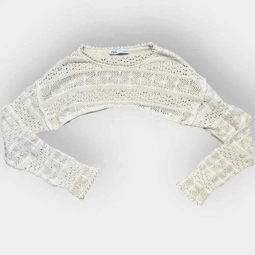 Zara Ivory Open Knit Crop Sweater W. Long Sleeves Size M - Picture 3 of 7